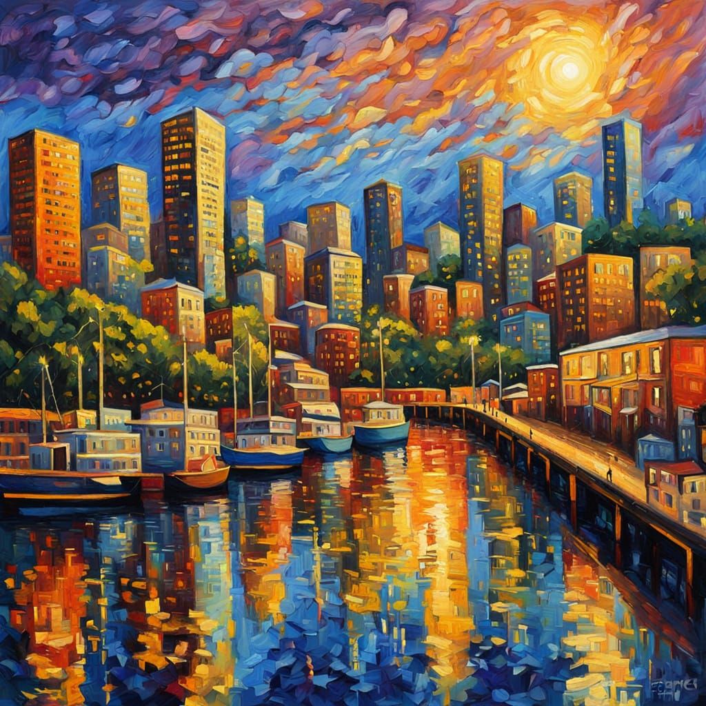 Seattle Cityscape in Neo-Impressionist Oil Painting Style