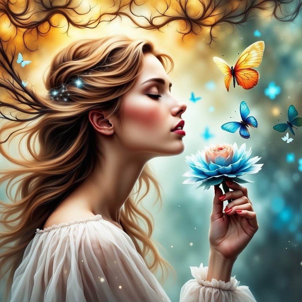 Butterfly Kisses: Beautiful Woman with Blue Roses