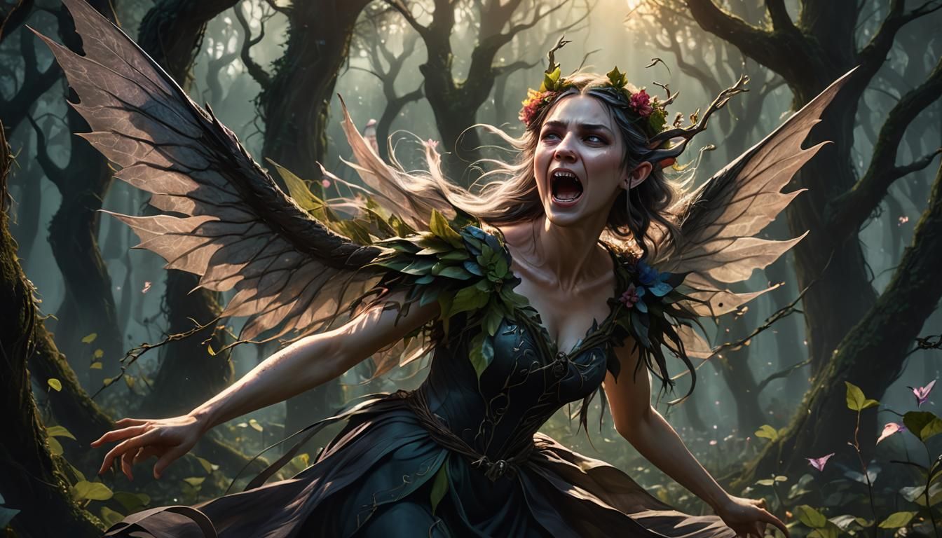 Elf Fairy's Horror in Mystical Forest Illustration