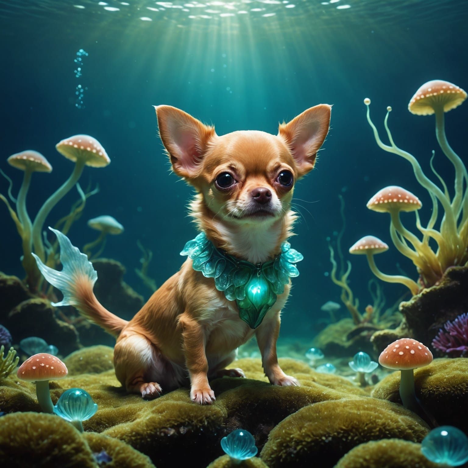 Chihuahua Mermaid in Bioluminescent Deep Sea