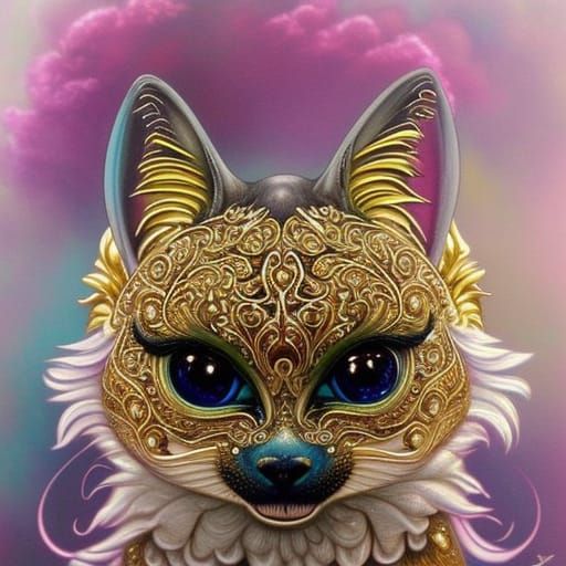 Magical Fluffy Cat with Gold Filigree Details