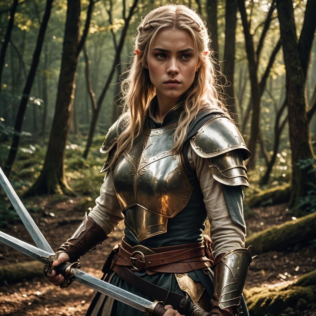 Female Half-Elf Warrior with Sword and Shield