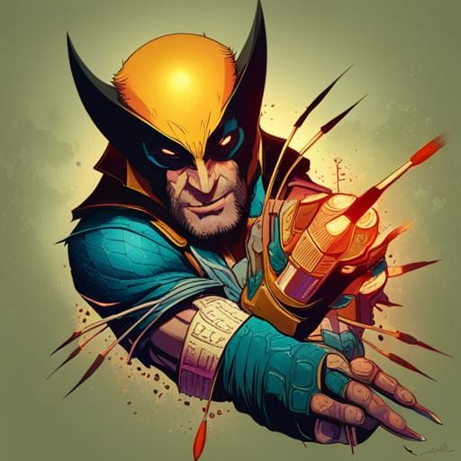 Luminous Wolverine Portrait with Golden Outlines