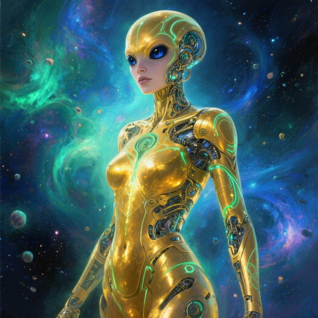 Golden Alien Amidst Cosmic Nebula