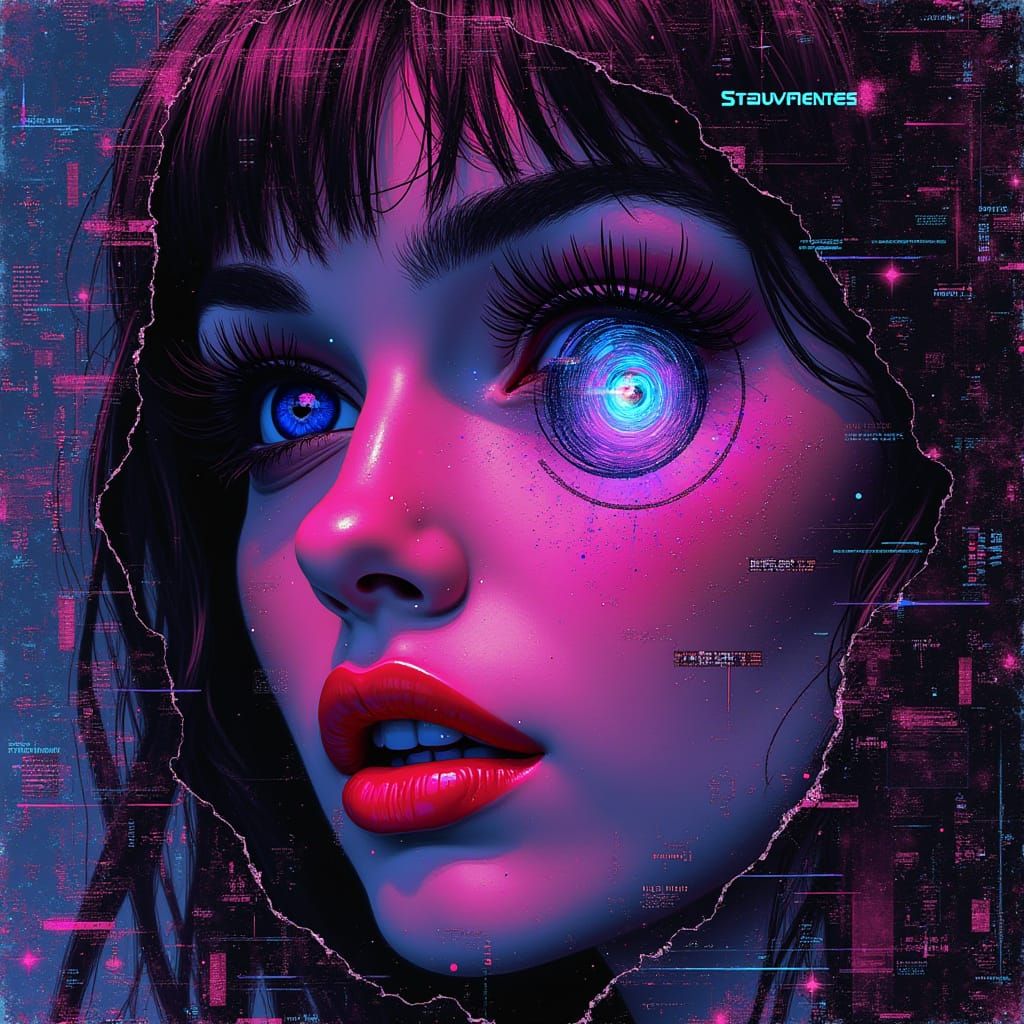 Cyberpunk Woman Peeking Through Glitched Digital Screen