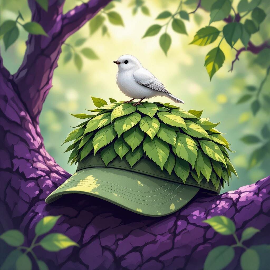 Leafy Cap with Bird on Purple Tree