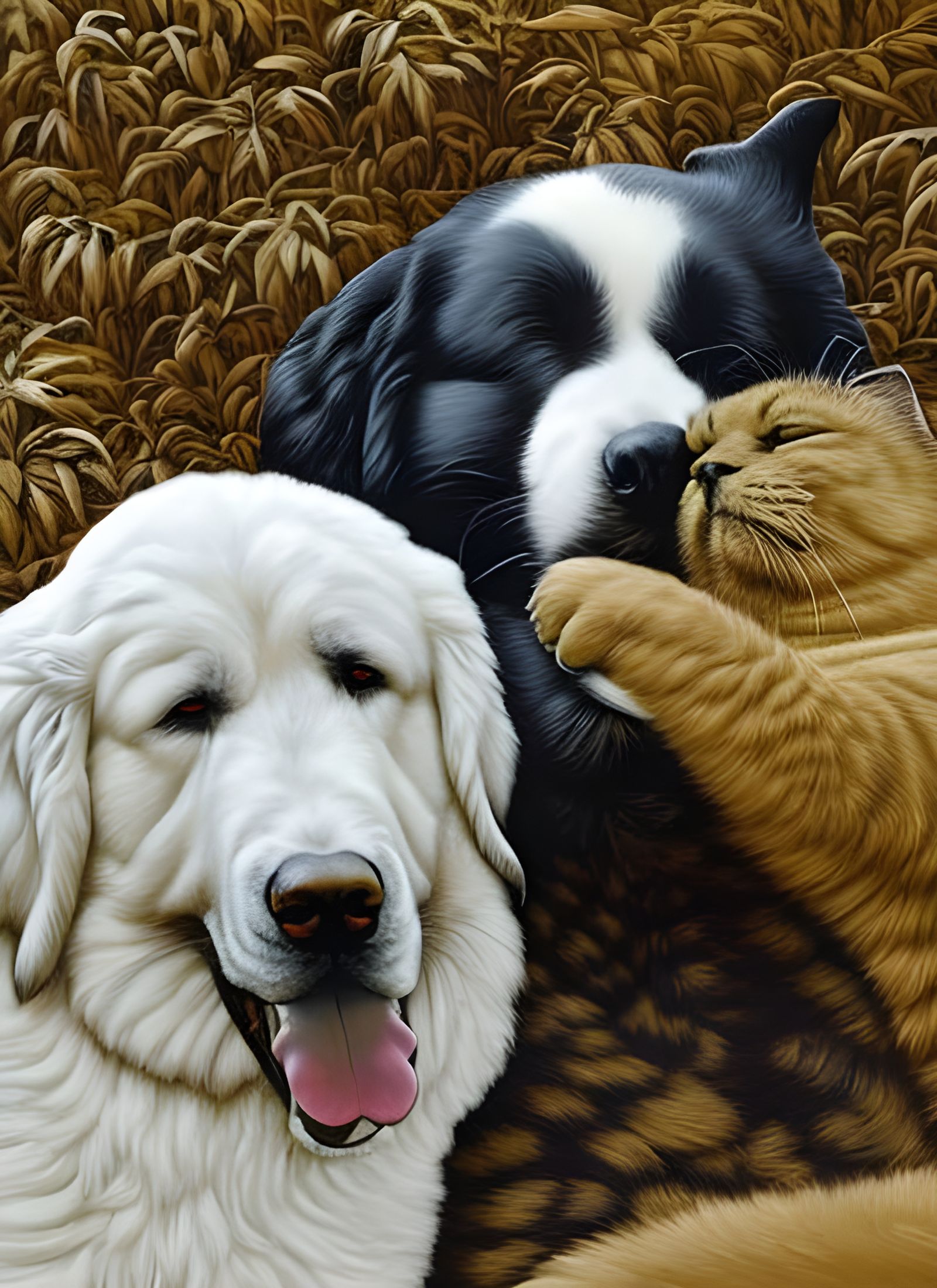 Affectionate Dogs Nuzzle Cat in Hyperrealist Painting