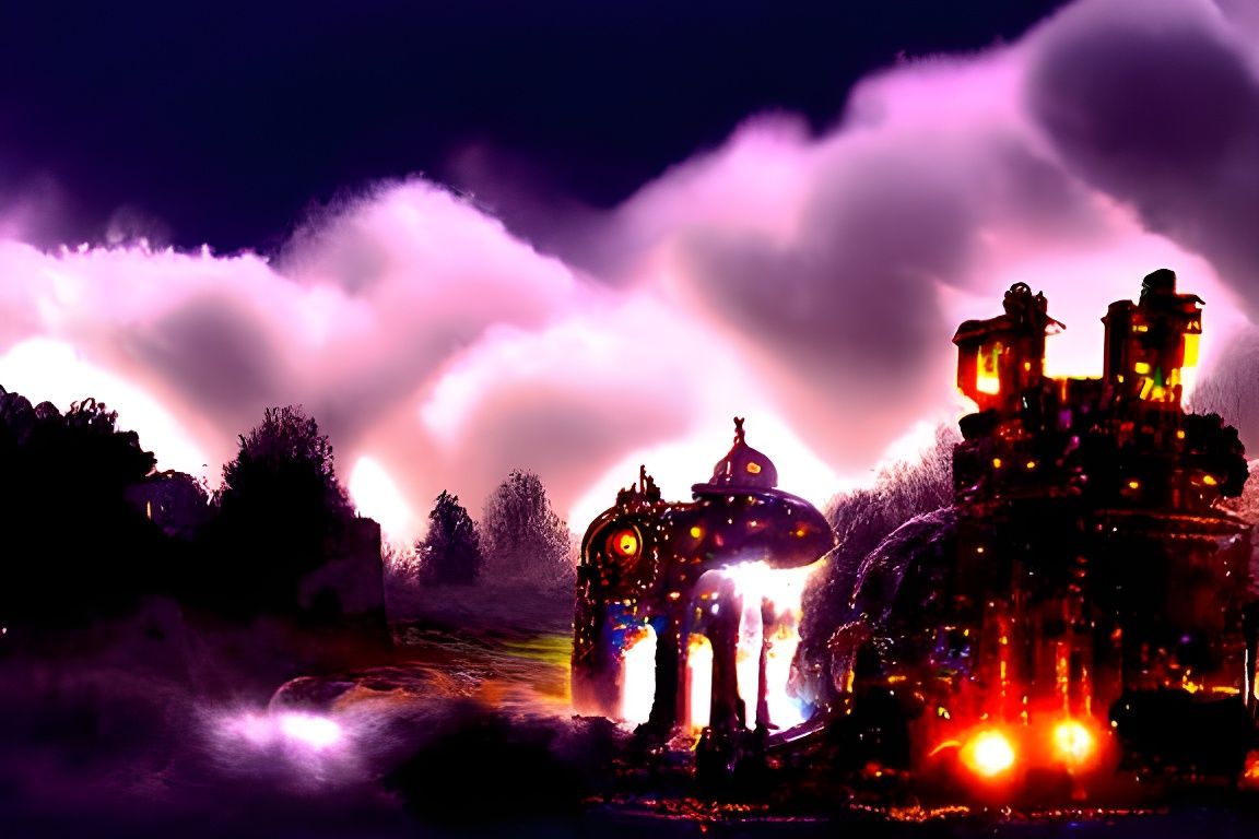 Eerie Dark Fantasy Castle with Steampunk Elements