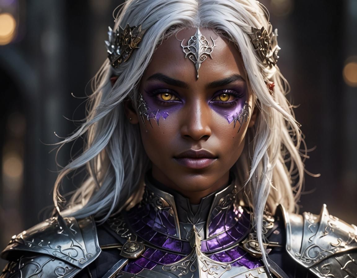 Drow Female Portrait in Shiny Silver Armor