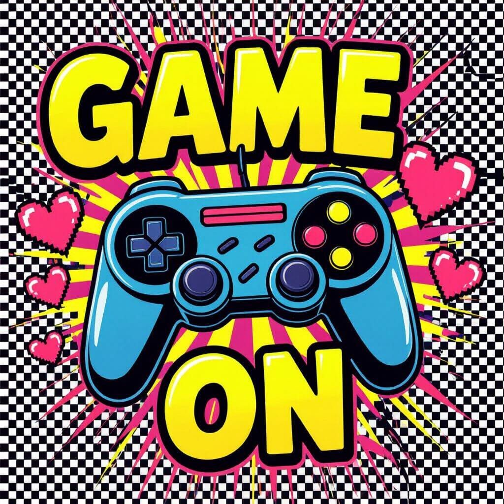 Retro Neon Game Controller with Pixel Hearts - Pop Art Desig...