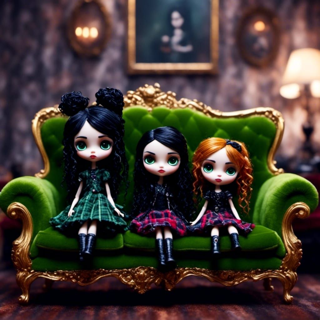 Chibi Dolls on Velvet Couch in Photorealistic Style