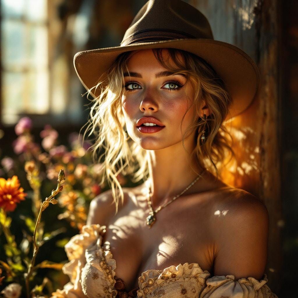 Golden-Eyed Woman in Barn: Cinematic Portrait