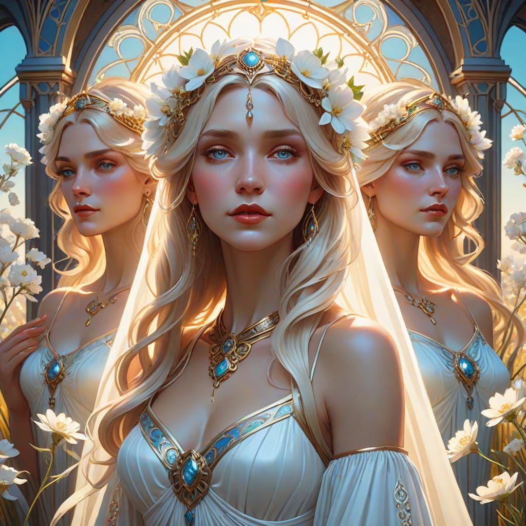 Ethereal Spirit Beings Amidst White Blooms in Greg Rutkowski...