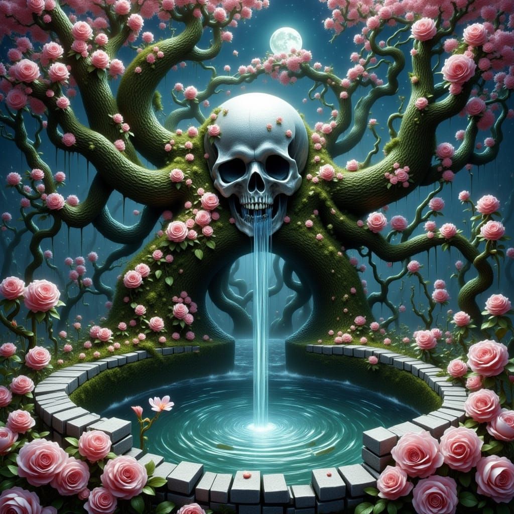 <lora:Building Madness:1.0> <lora:Beautiful Madness:1.0> The image is of an ancient tree with a silver skull imbedded in...