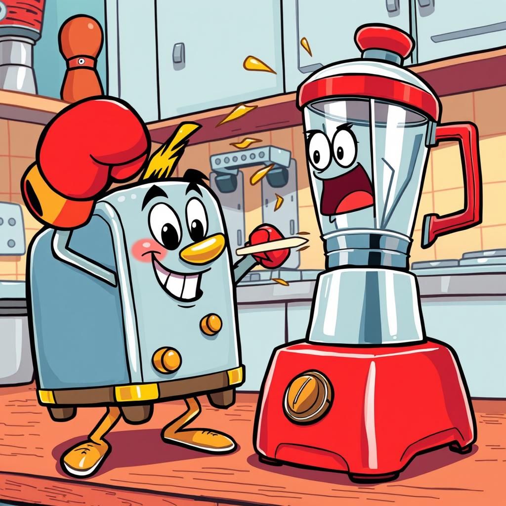 Toaster Punches Blender in Retro Cartoon Kitchen