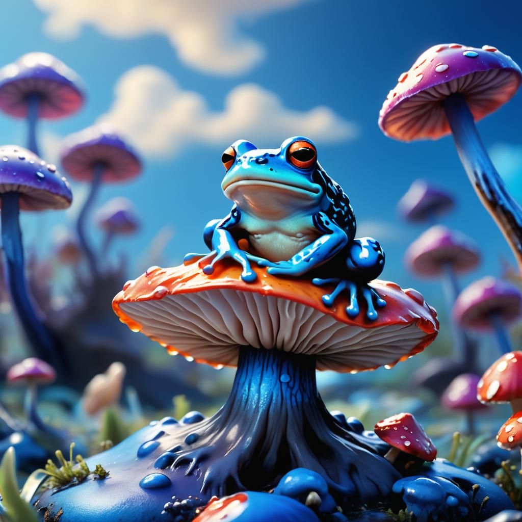 Blue Frog on Mushroom: Vibrant Concept Art