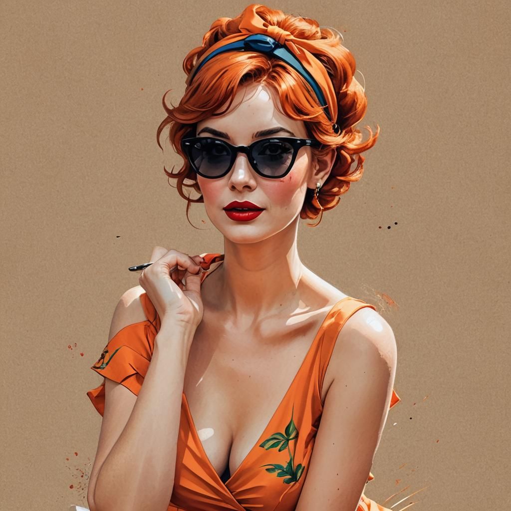 Playful Woman in Orange Dress, Pin-Up Style