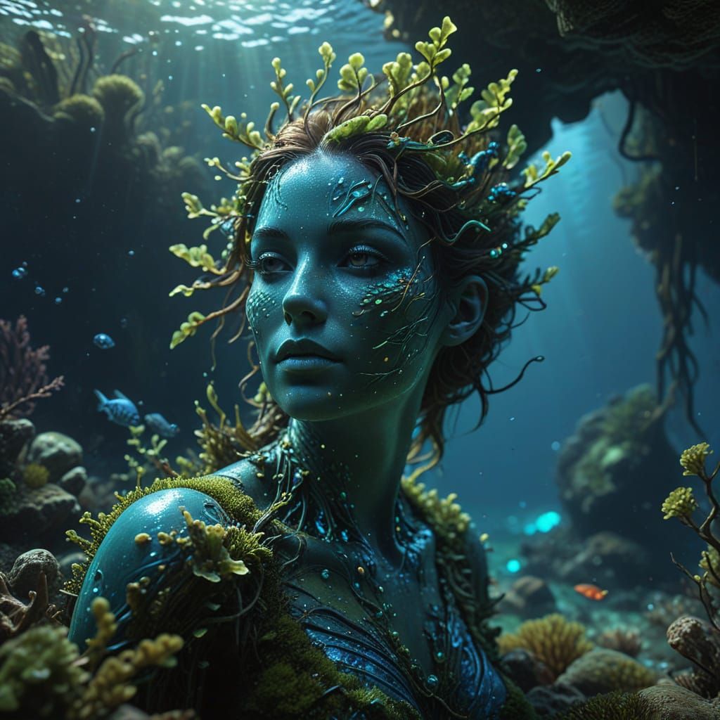 Underwater Ocean Scene with Sunken Statue in Flux Art