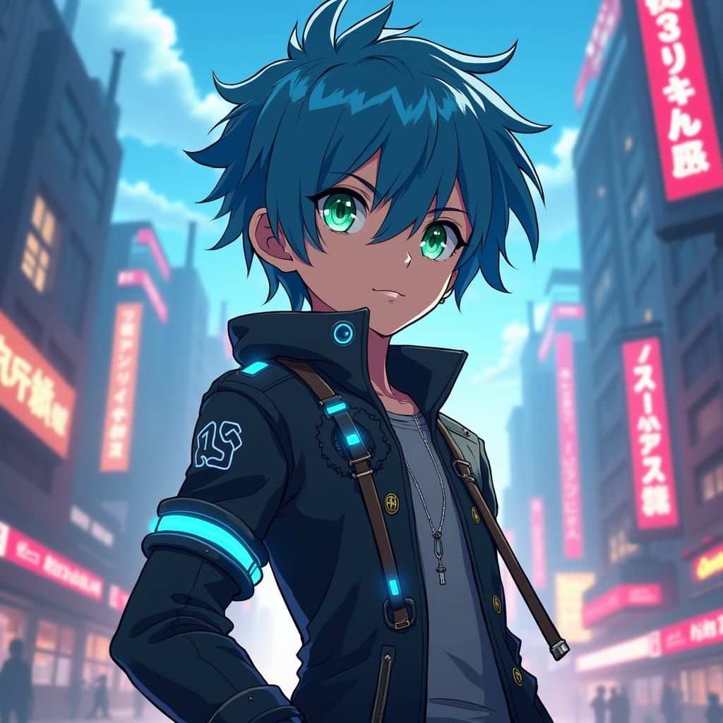 Anime Boy with Blue Hair in Futuristic Cityscape