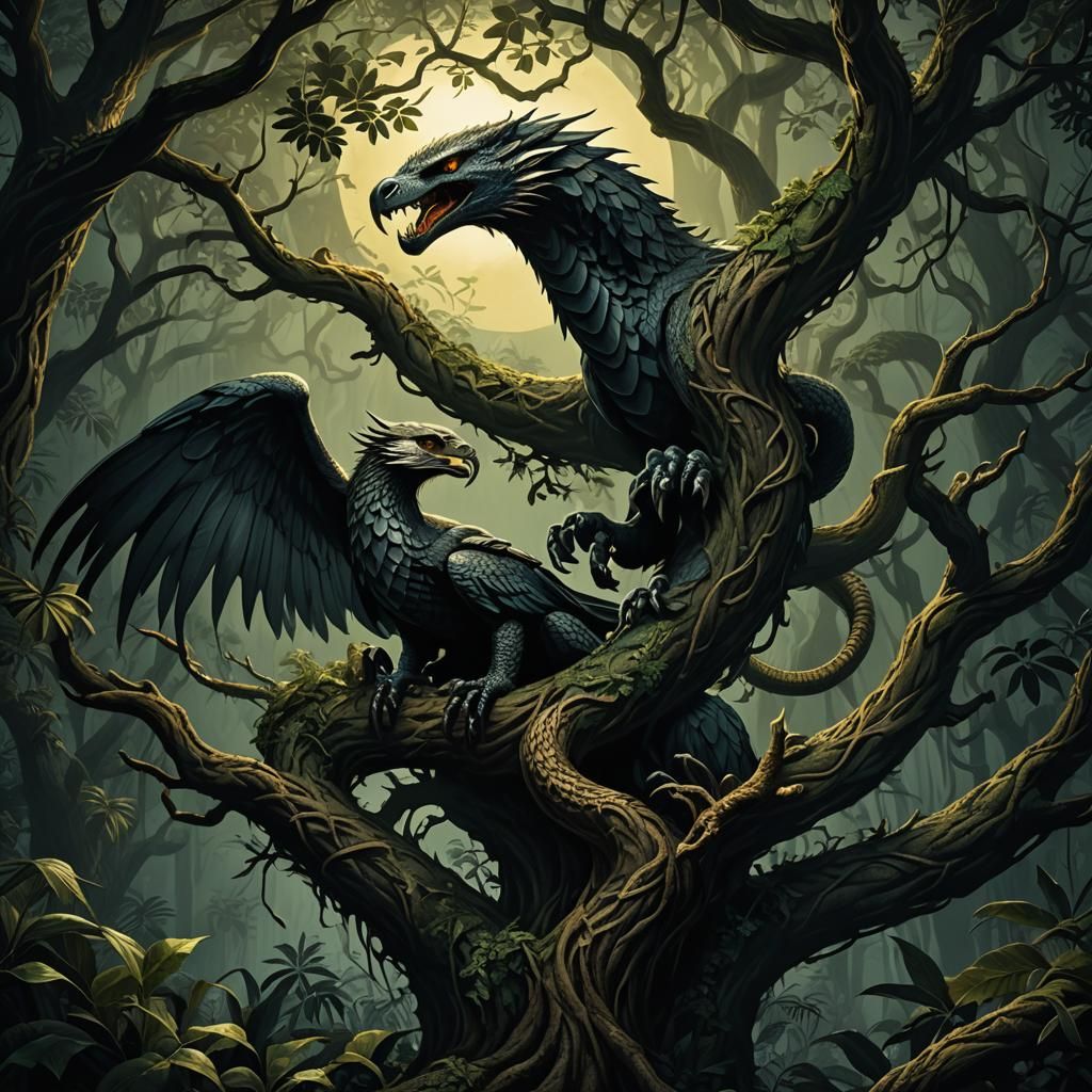 Winged Cobra Coiled Around Tree: Dark Fantasy Art