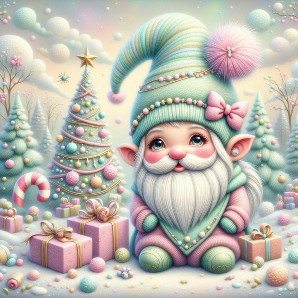 Cute Gnome with Glittery Christmas Gifts and Tree