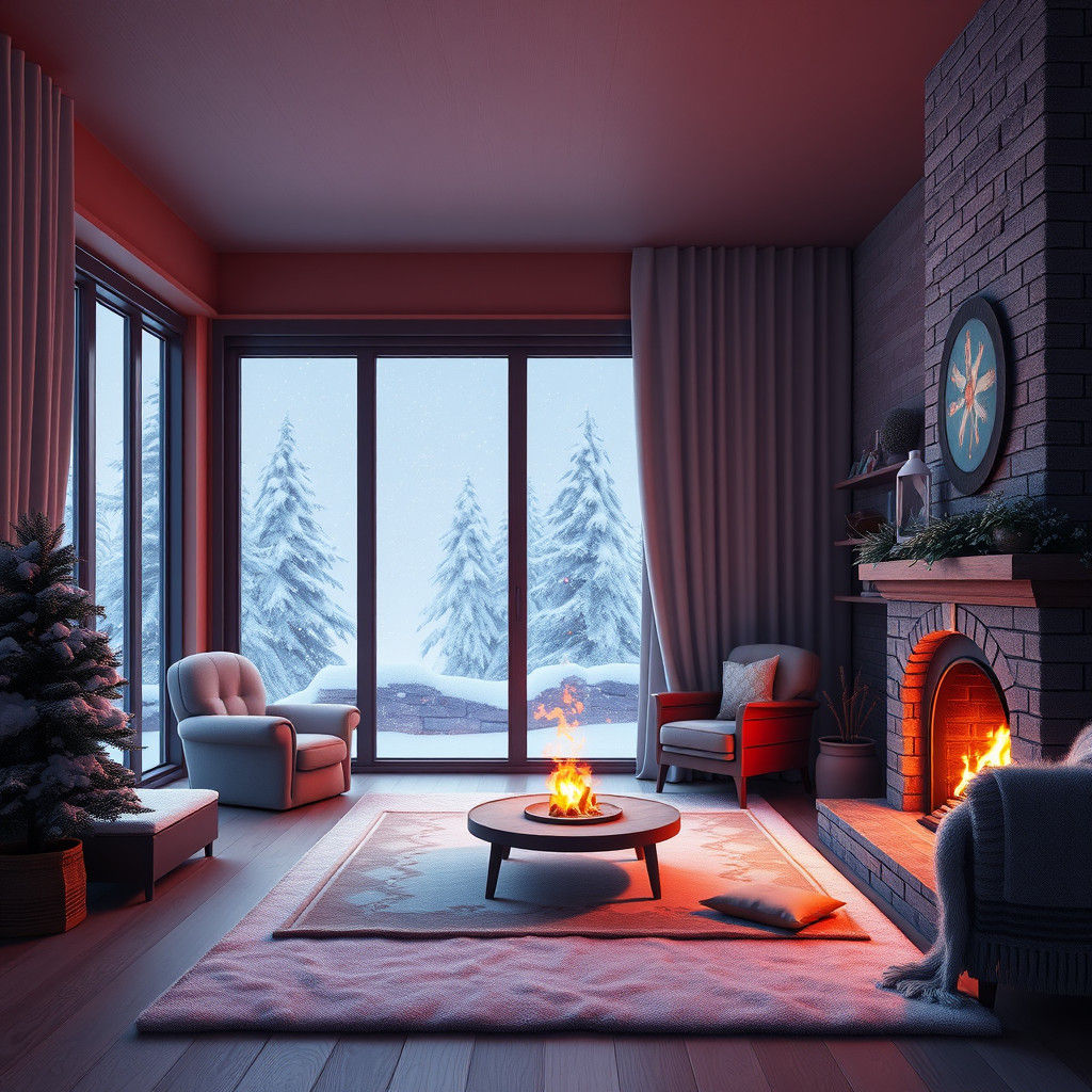 Cozy Apartment Interior During Snowstorm: 3D Digital Art