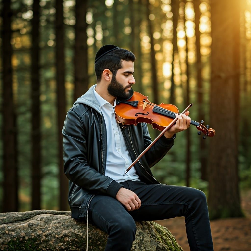 Haredi Man with Violin in Forest, Art Nouveau Style