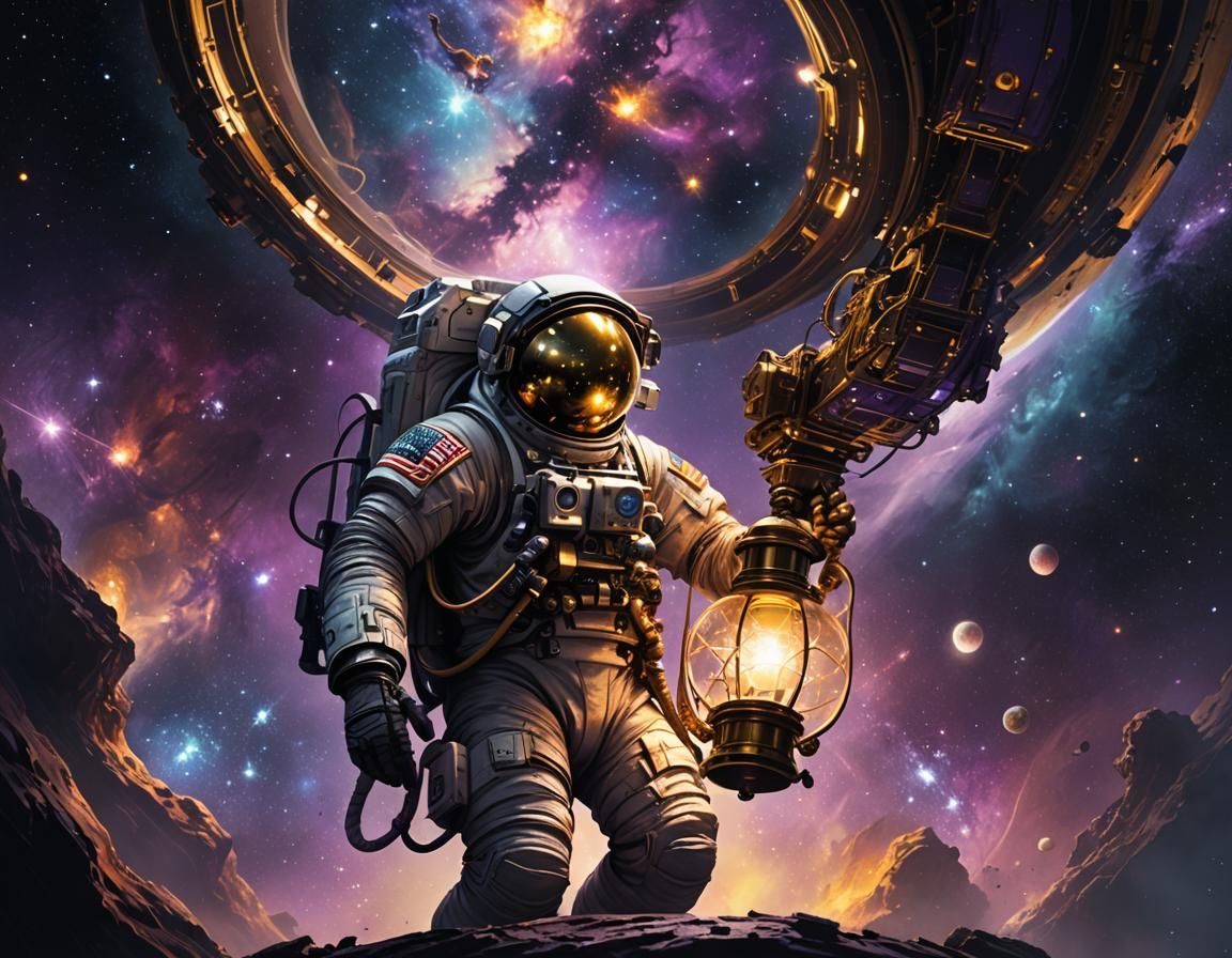 Astronaut in Dark Fantasy Galaxy with Lamp