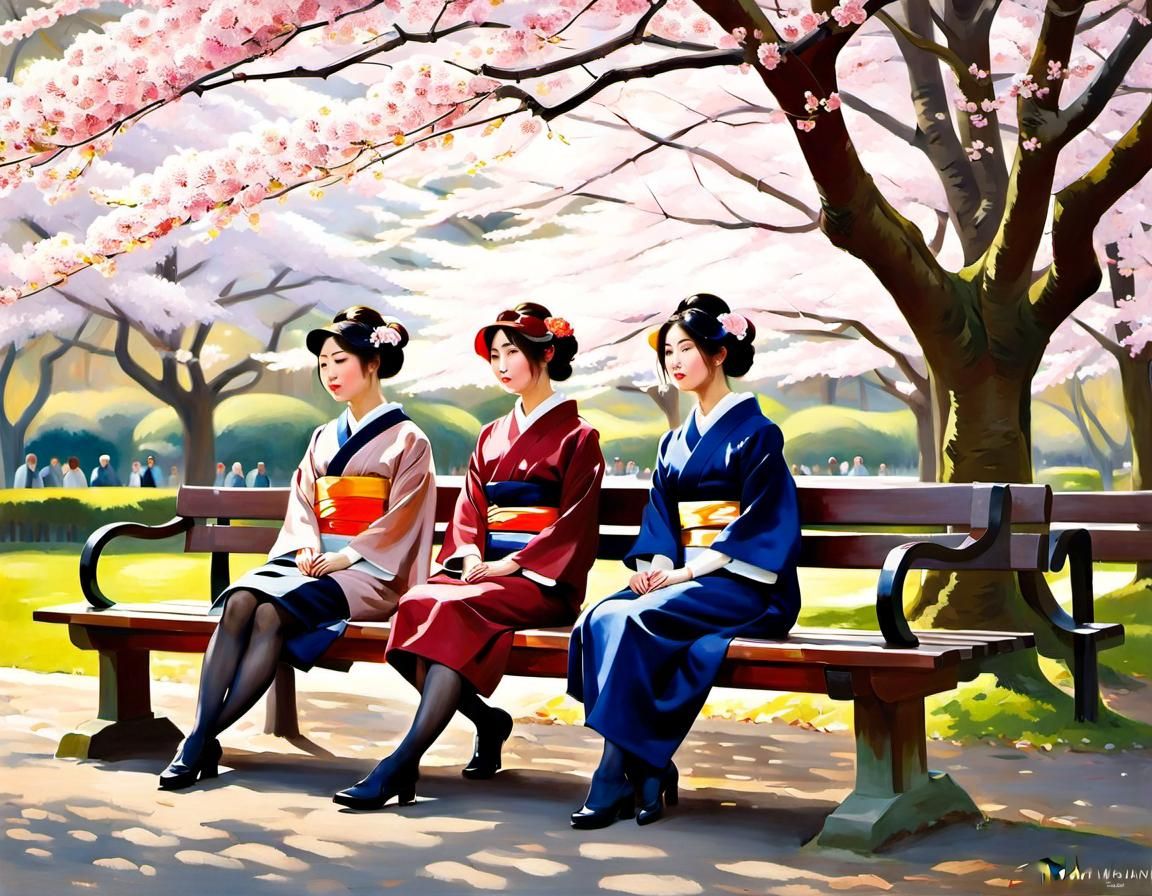 Japanese Girls in Kyoto Park: Oil Painting