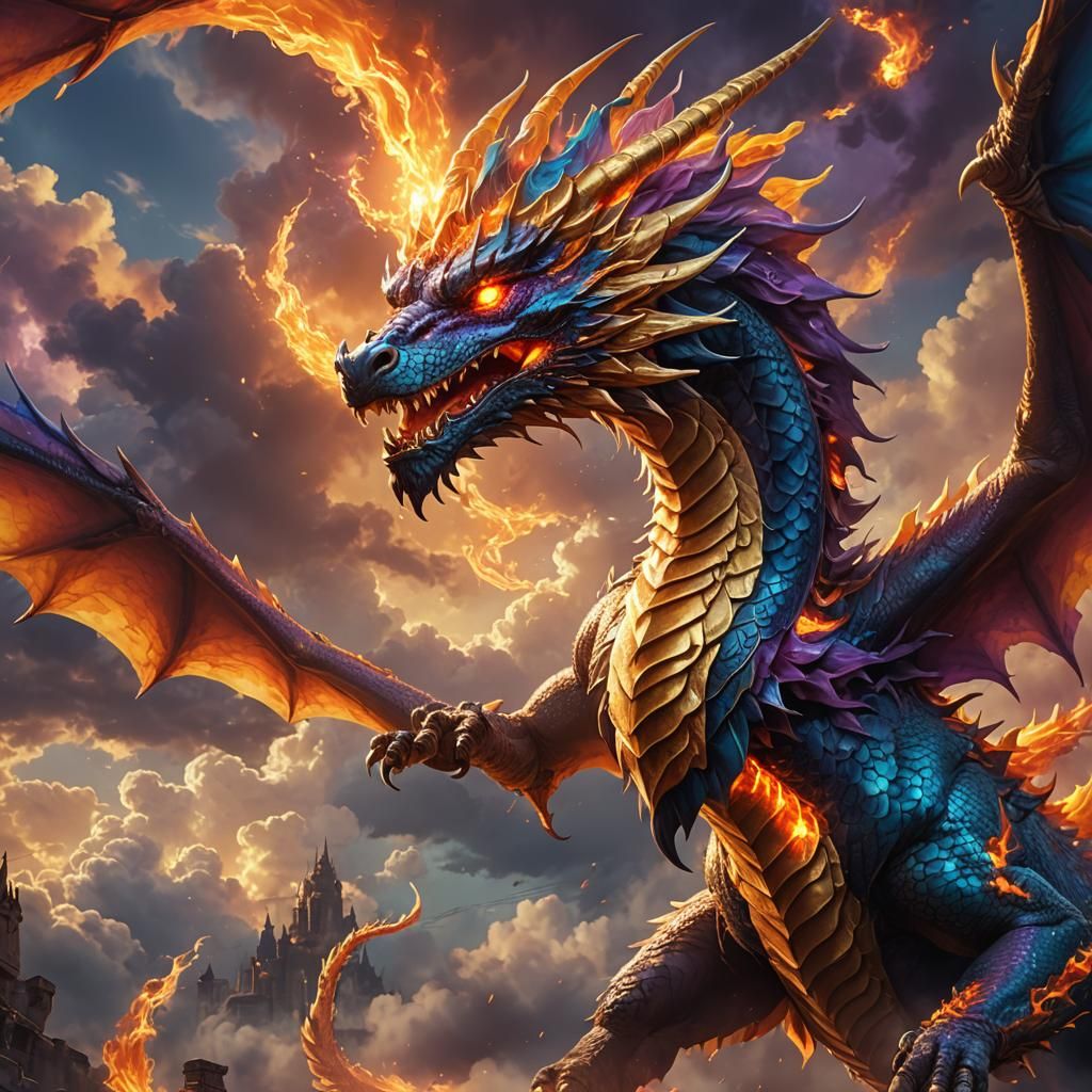Majestic Sun Dragon Soaring Through Fiery Sky
