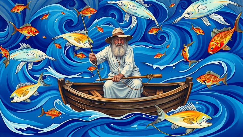 Psychedelic Delft Blue Fisherman in Art Nouveau Style