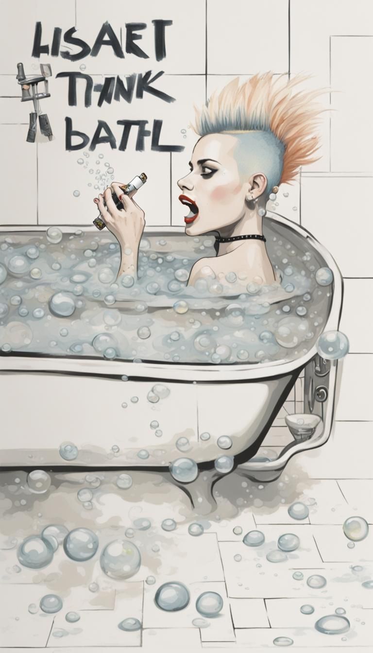 Punk Lady in Bathtub with Cigarette, Naive Art