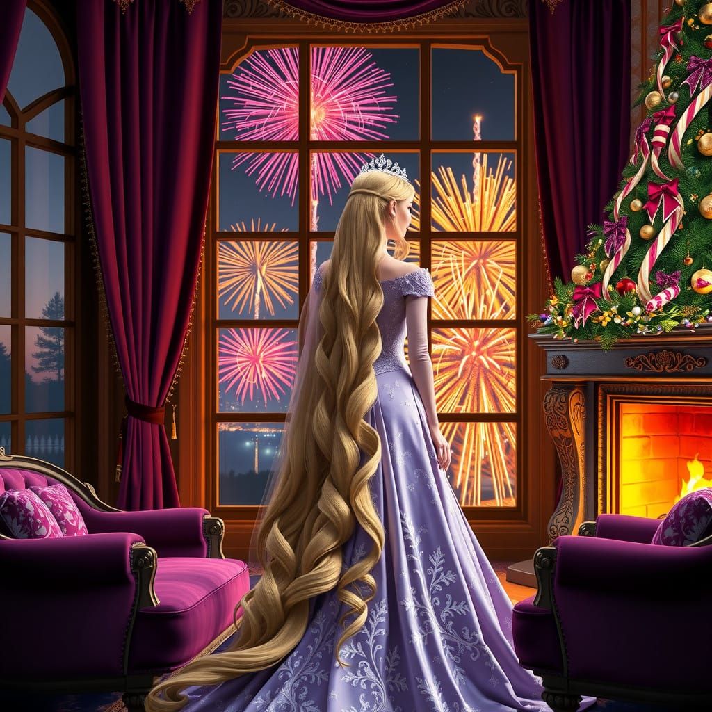Golden Princess in Lavender Ball Gown Surrounded by Christma...