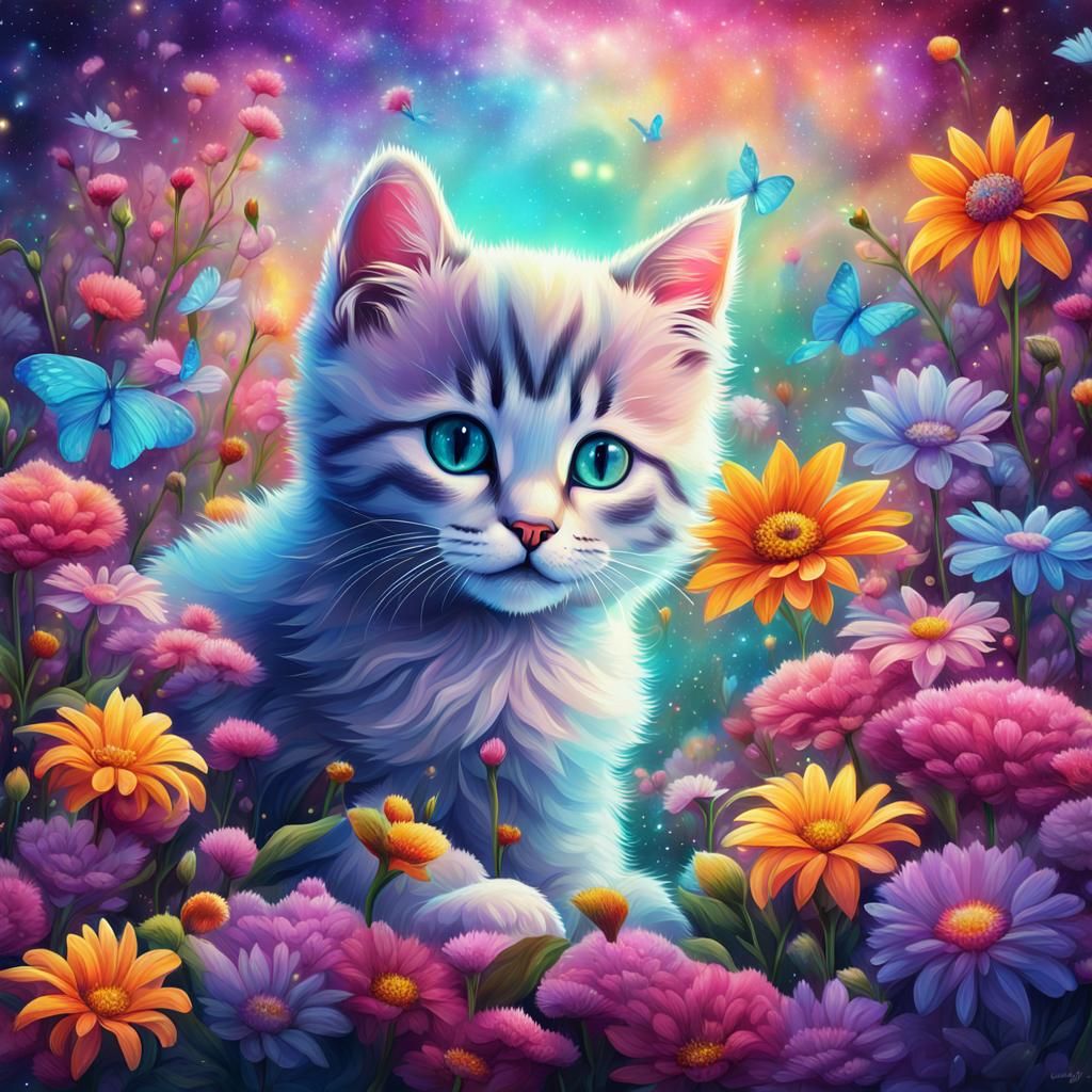 Kitten in Flowers: Holographic Cosmic Illustration
