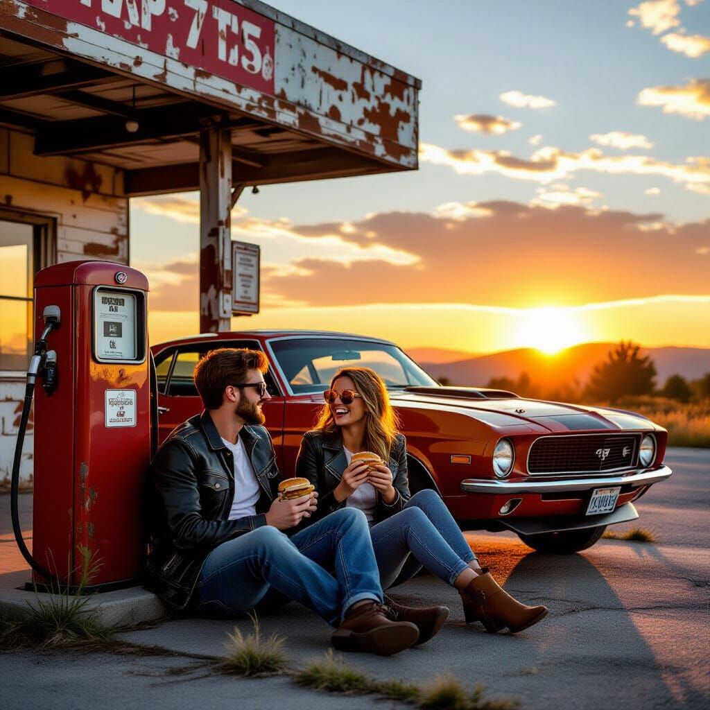 Couple With Muscle Car at Sunset Gas Station