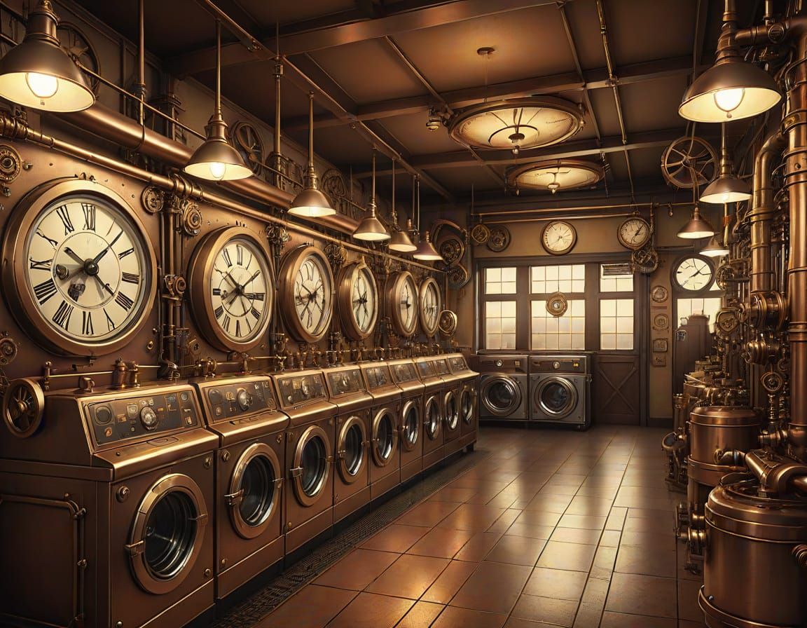 Steampunk Laundromat With Gears and Brass Accents