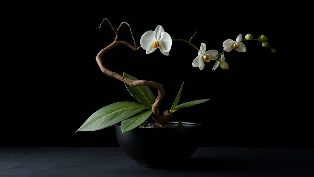 Dramatic Ikebana Arrangement with Orchid