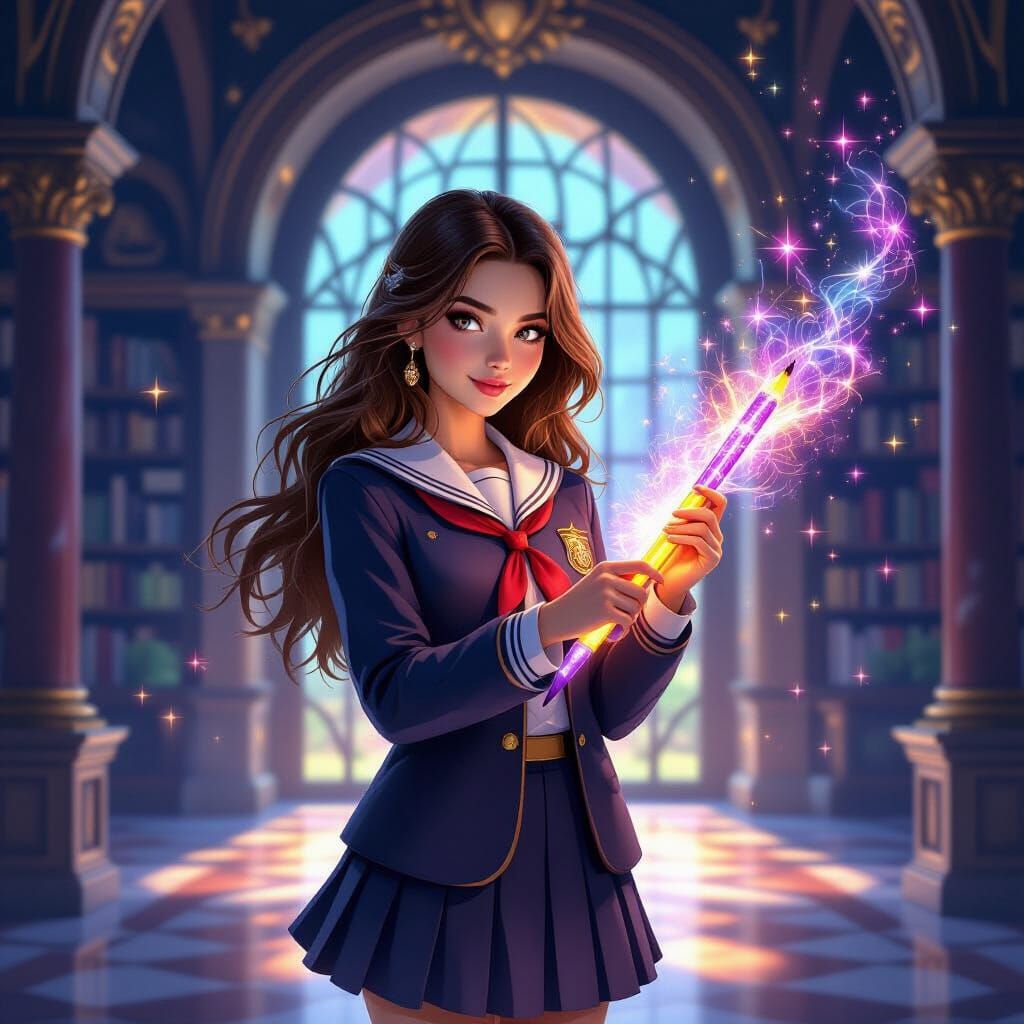 Young Sorceress With Glowing Pencil in Magical Academy Hall