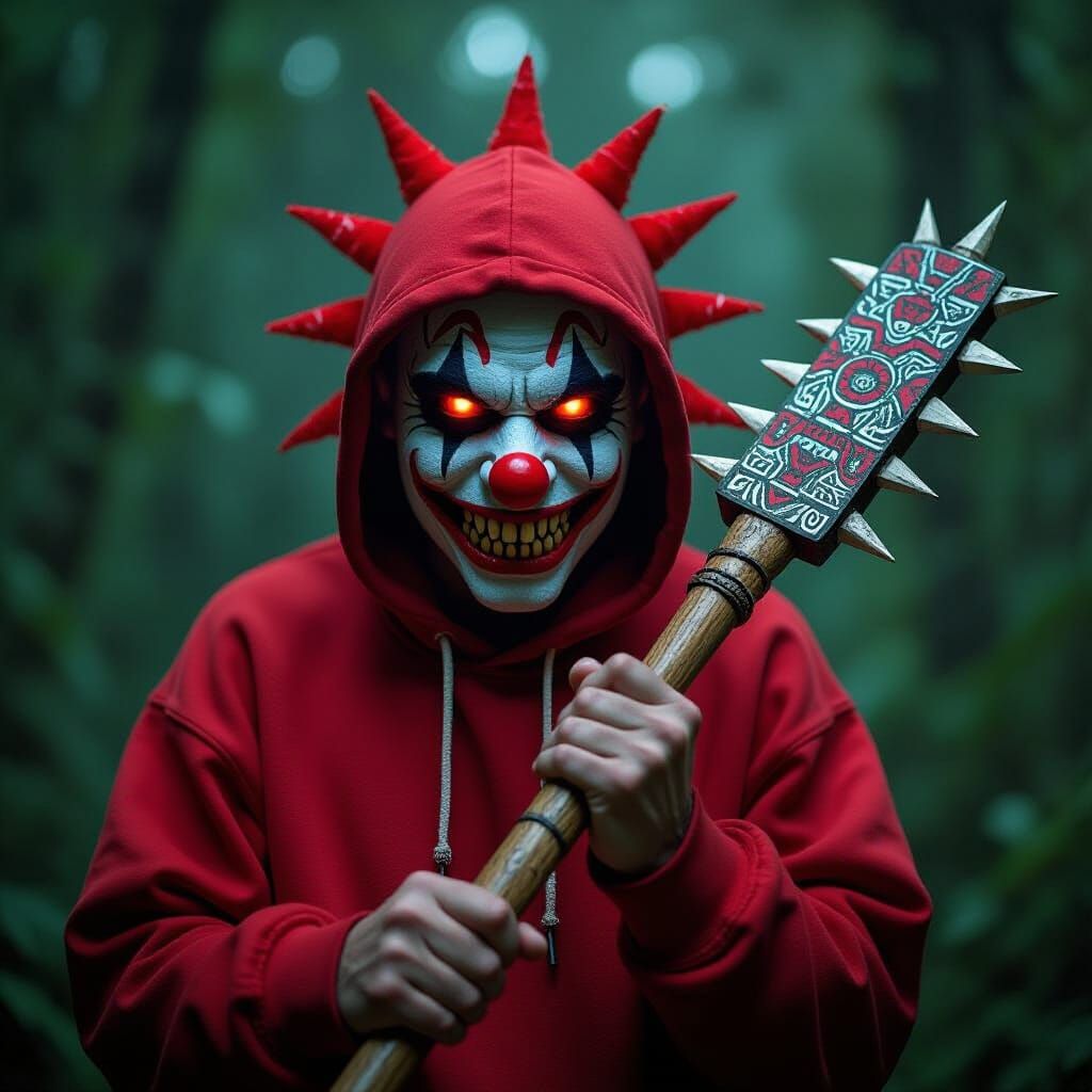 Clown Warrior with Aztec War Club in Jungle Night