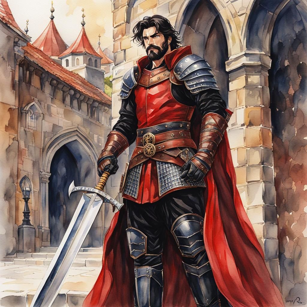 Warrior at City Gate in Anime Watercolor Style