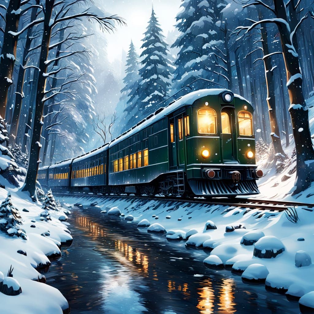 Magical Winter Stream Train in Snowy Forest