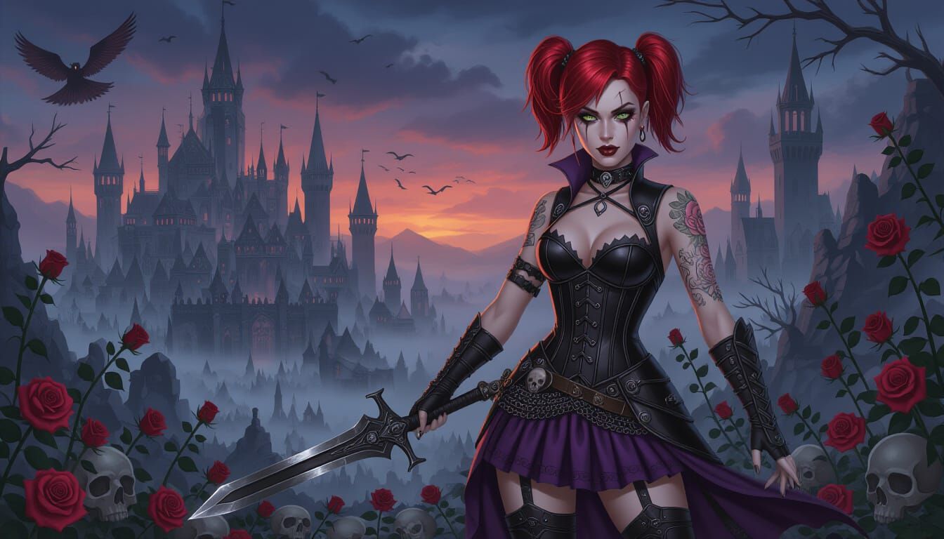 Gothic Vampire Huntress in Ravenloft Landscape at Dusk