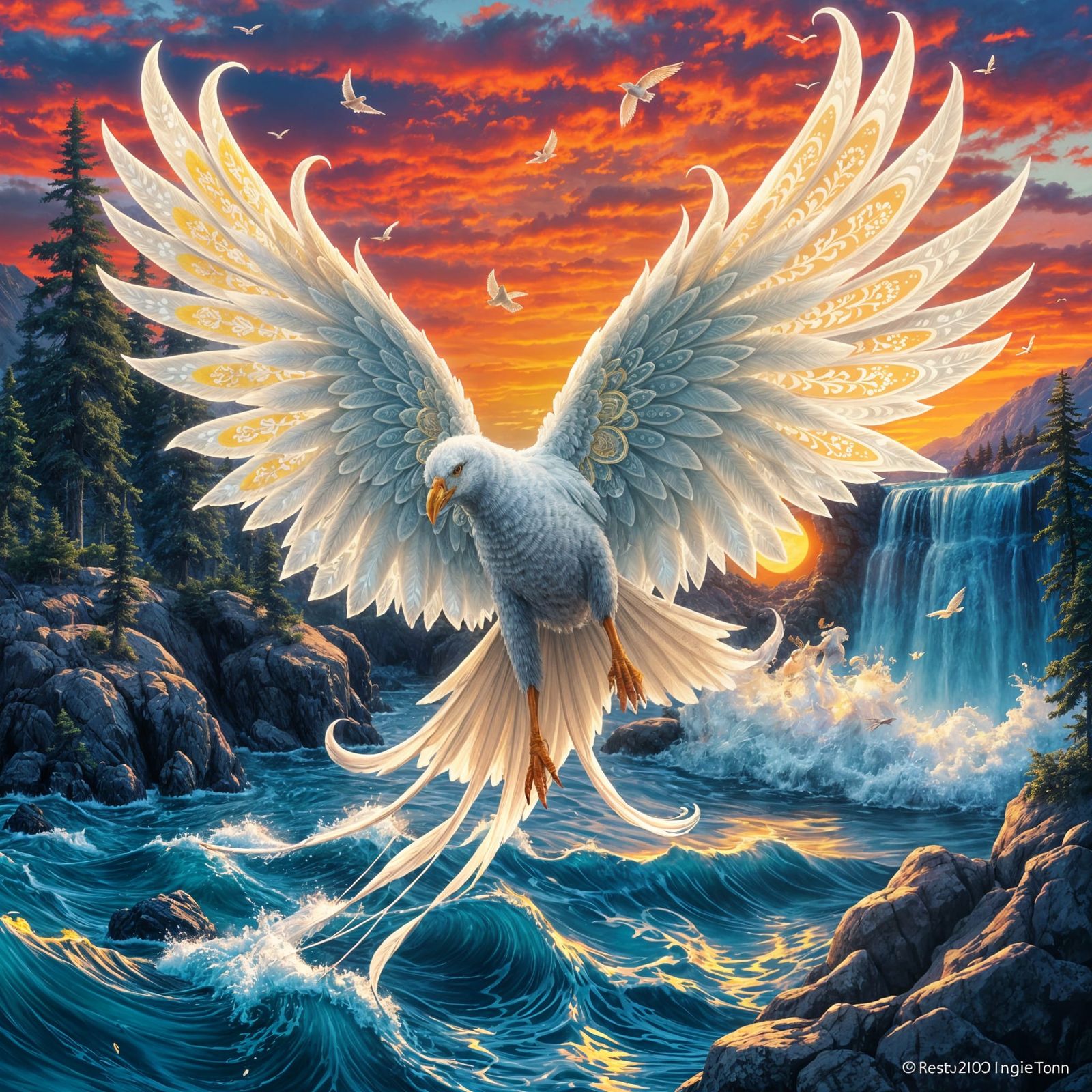 Majestic Bird with Glowing Feathers Soaring at Sunset