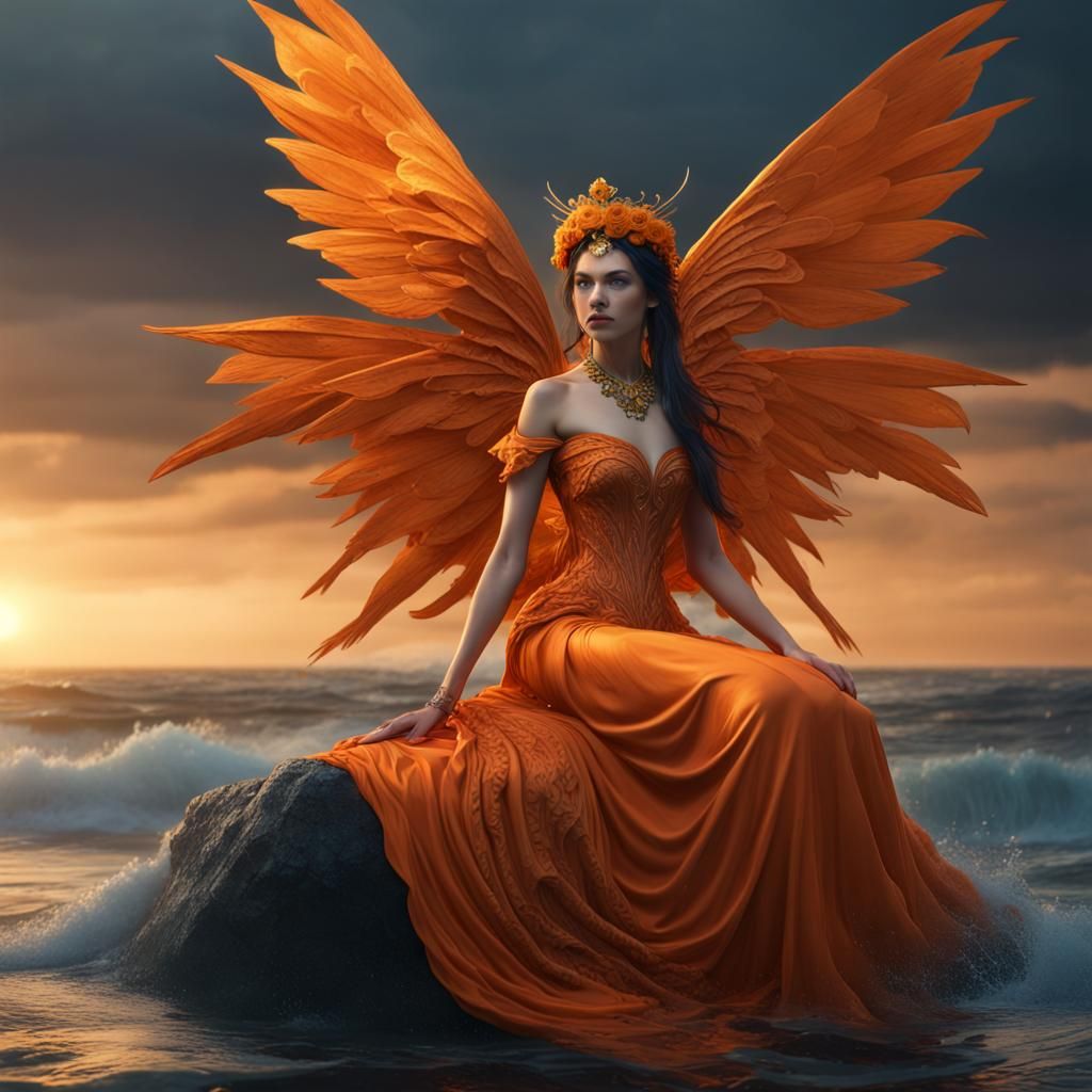 Hyperrealistic Undine with Marigold Tiara on Waves