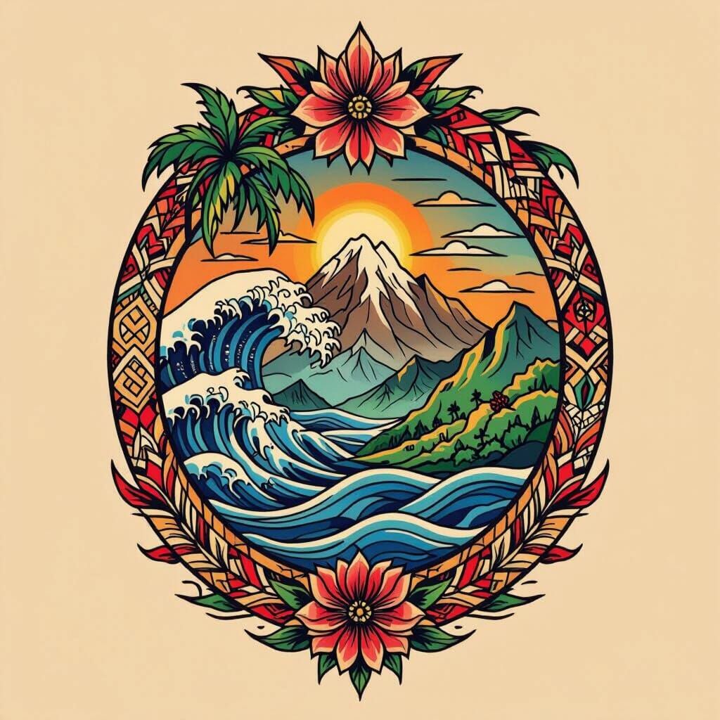 Hawaiian Tattoo Design with Symbols of Family and Strength