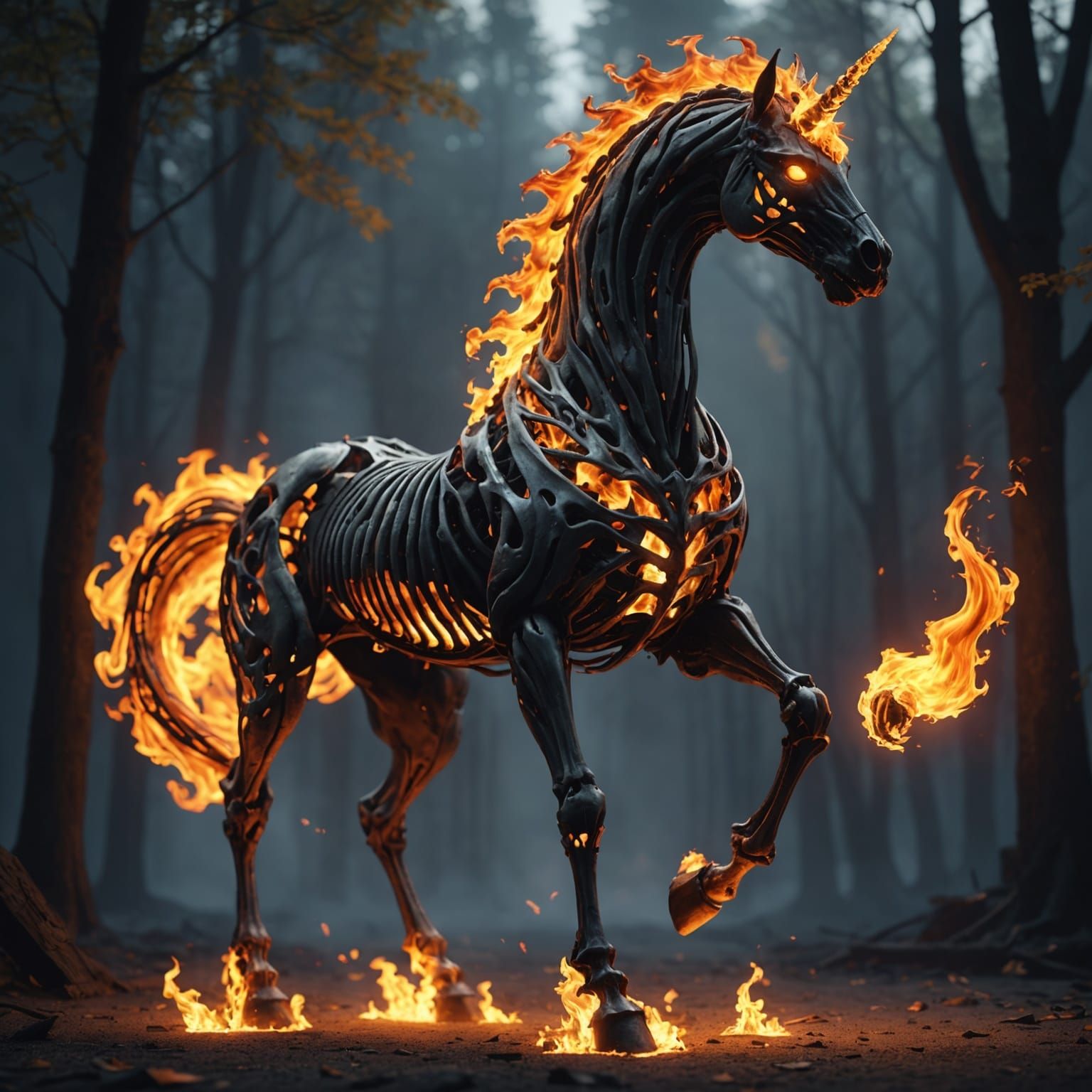 Fiery Skeletal Unicorn Ablaze: 3D Render