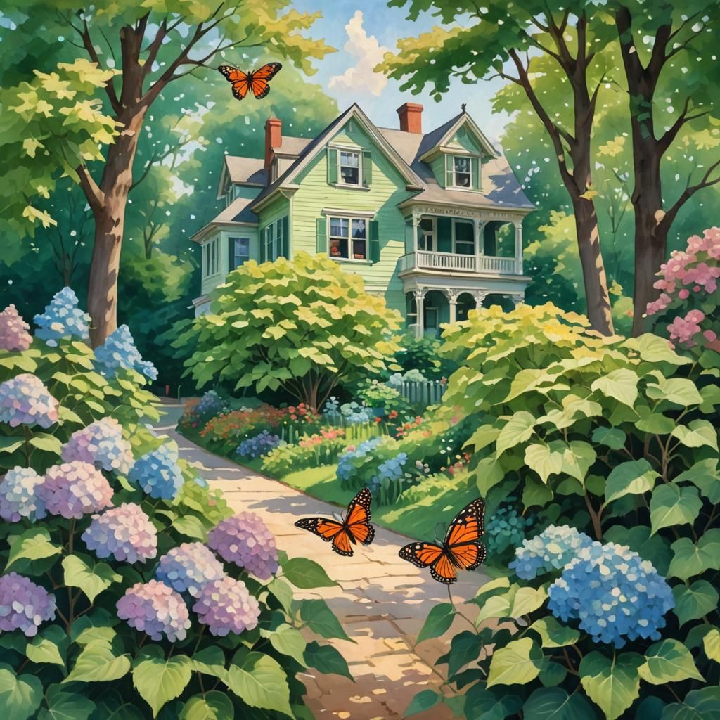 Hydrangeas and Victorian Home in Impressionist Gouache Style