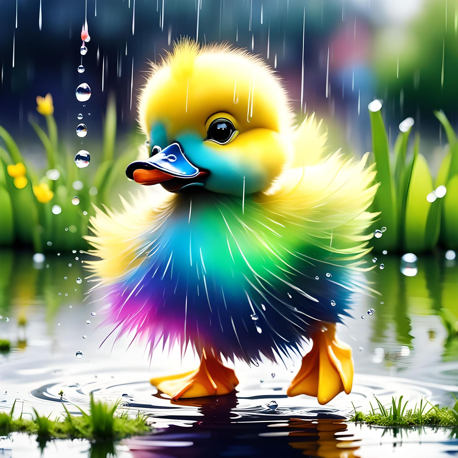 Adorable Duckling in Distorted Rainy Pond