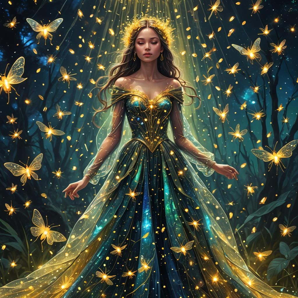 Firefly Gown: Holographic Cosmic Astral Illustration