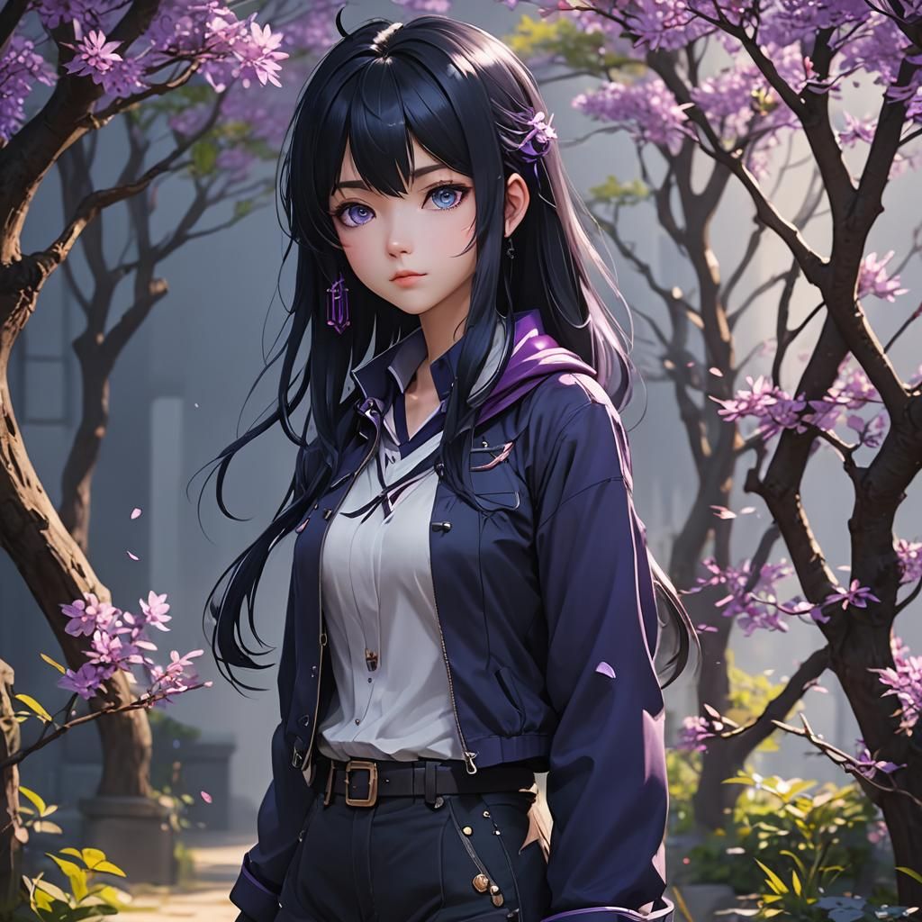 Anime Girl with Dark Blue Hair Tips in Cel-Shaded Style